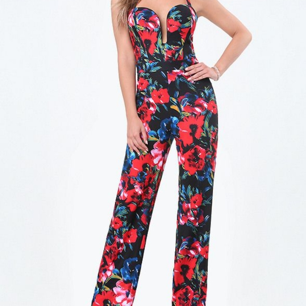 bebe Floral Strapless Jumpsuit - Red and Blue